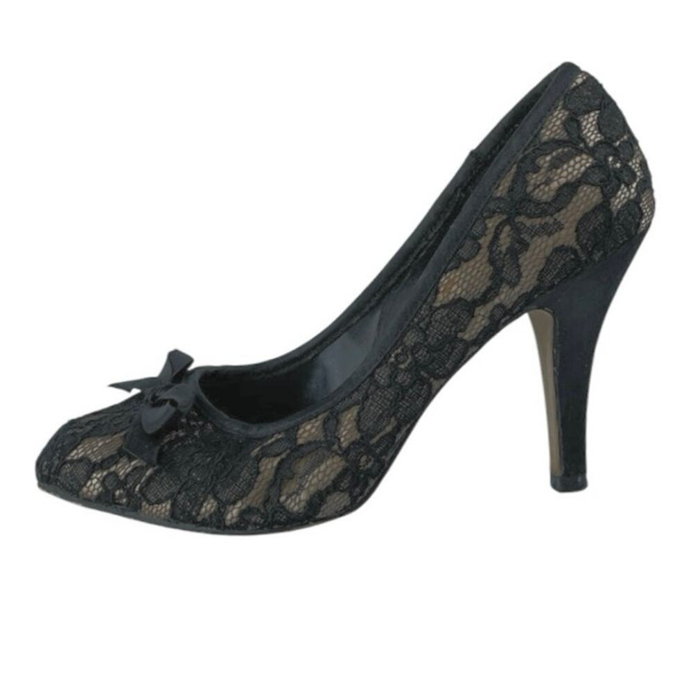 Steve Madden Black Floral Lace Bow Slip On Almond Toe Stiletto Heels Pumps Sz 7